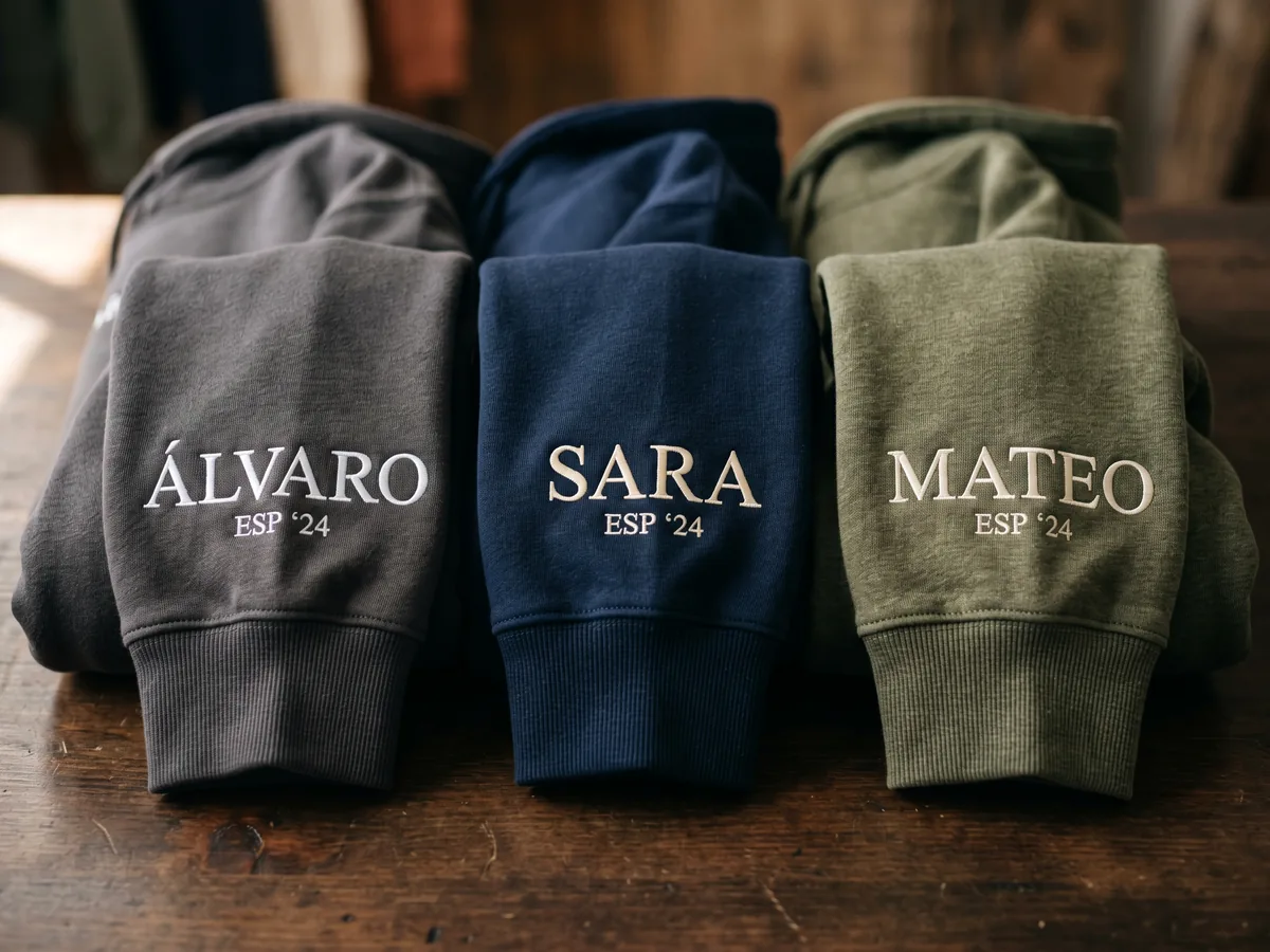 Bordado de nombre personalizado en la manga de una sudadera